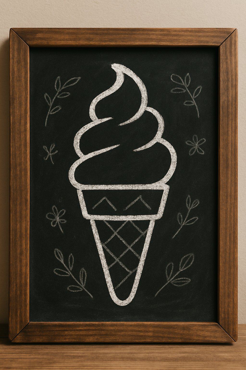 A wood-framed chalkboard sign with a simple white chalk outline of an ice cream cone and subtle seasonal decorations.