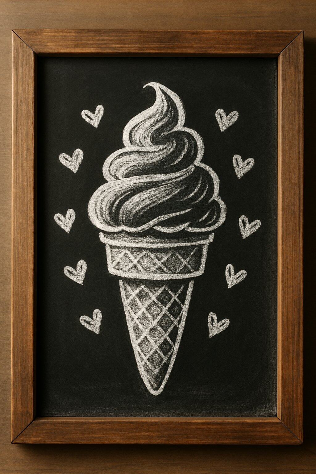 A wood framed chalkboard sign displaying an artistic drawing of an ice cream cone with hearts around it.