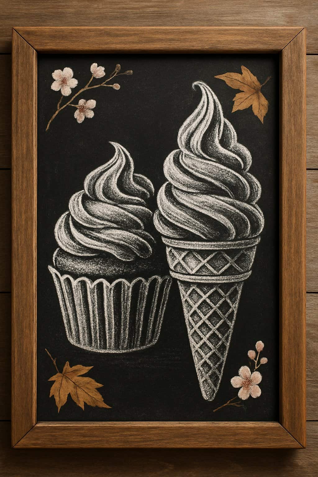 A wooden framed chalkboard displaying detailed chalk drawings of a cupcake and an ice cream cone together.