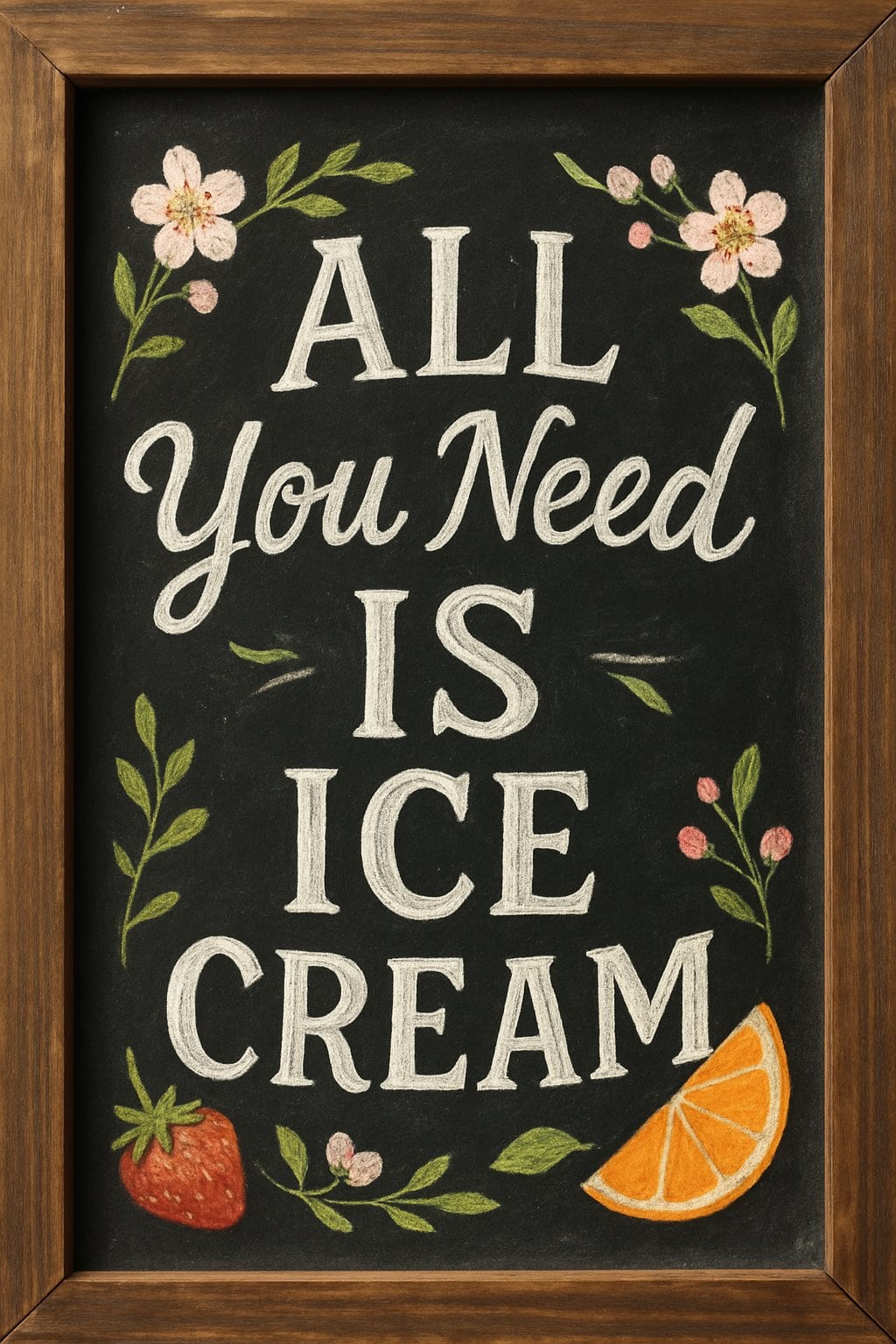 A wooden framed chalkboard sign with artistic lettering surrounded by seasonal floral and fruit decorations.