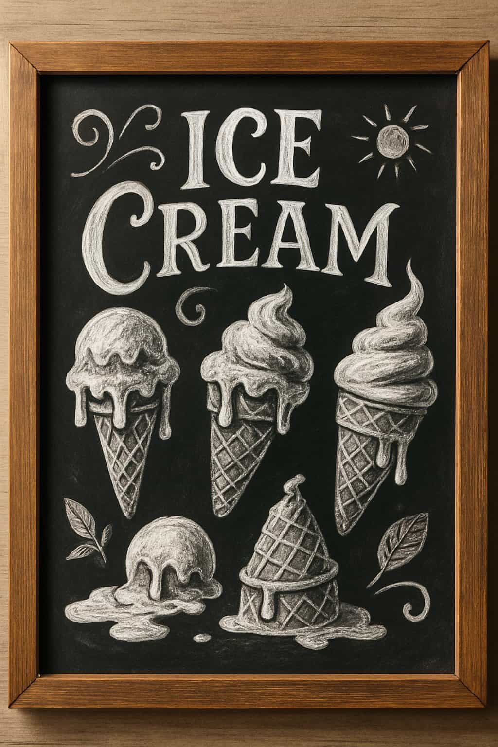 A wooden framed chalkboard displaying artistic drawings of melting ice cream cones with dripping details and decorative seasonal elements.