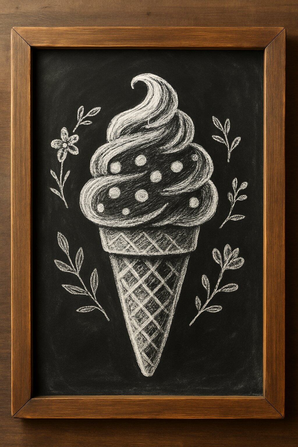 A wood framed chalkboard sign with a large ice cream cone decorated with polka dots and surrounded by small leaves and blossoms.