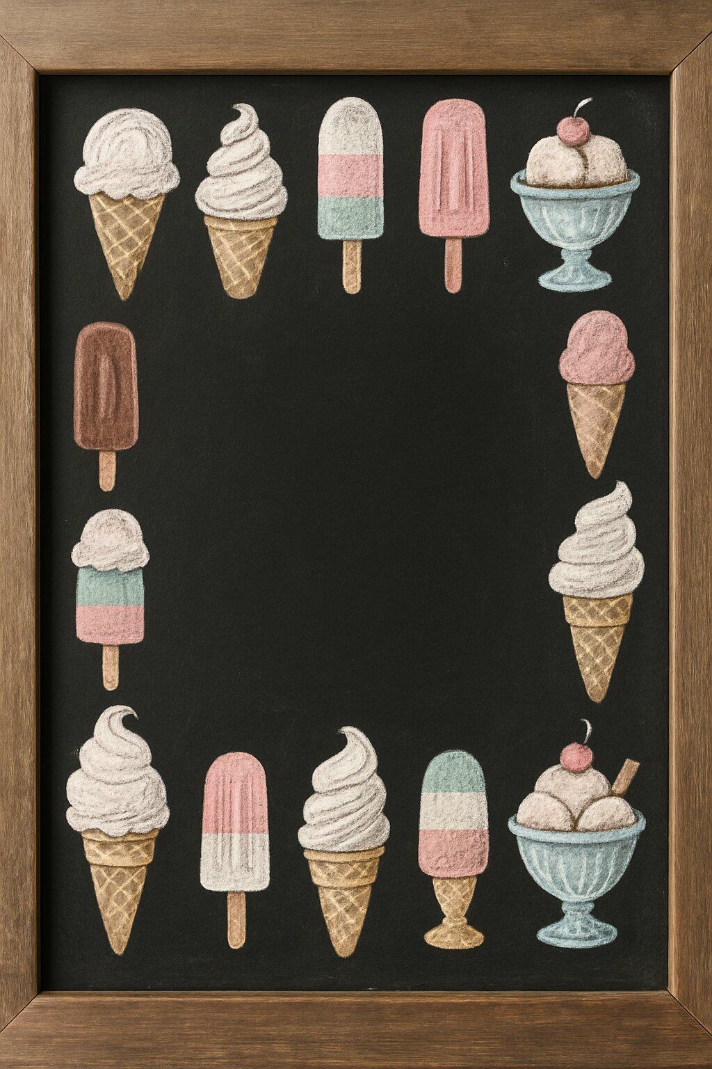 A chalkboard sign with a wooden frame featuring a border of various ice cream doodles like cones and popsicles surrounding a blank center.