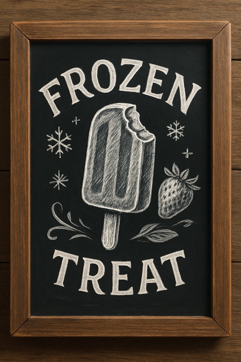 A wood-framed chalkboard sign displaying a hand-drawn frozen treat with a bite taken out of it, surrounded by seasonal decorative elements.