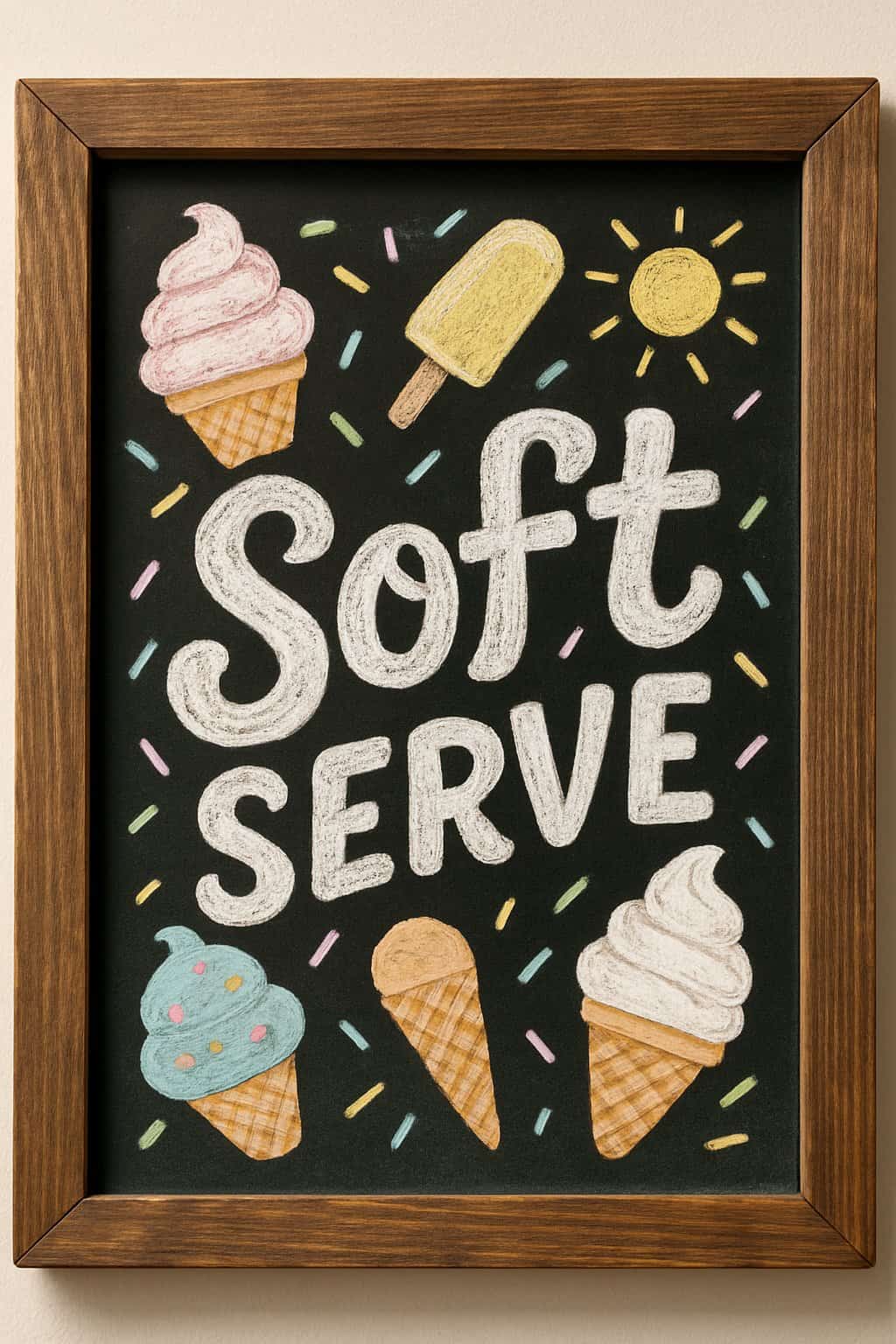 A rustic wood-framed chalkboard sign featuring artistic ice cream-themed illustrations and decorative elements arranged around bold, bubbly lettering.