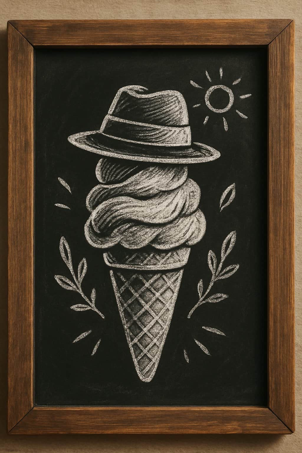 Chalkboard sign with a drawing of an ice cream cone wearing a hat inside a wooden frame.