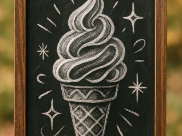 A framed chalkboard drawing of a soft serve ice cream cone with decorative stars and lines, resting on a wooden surface against a blurred outdoor background.