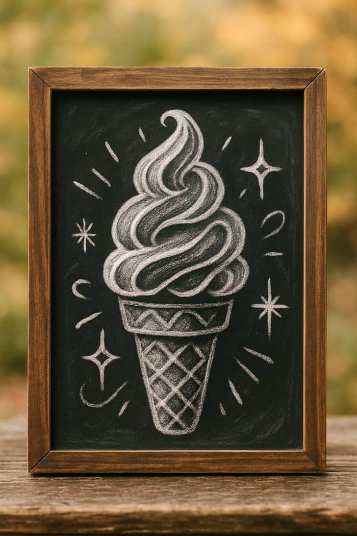 A framed chalkboard drawing of a soft serve ice cream cone with decorative stars and lines, resting on a wooden surface against a blurred outdoor background.