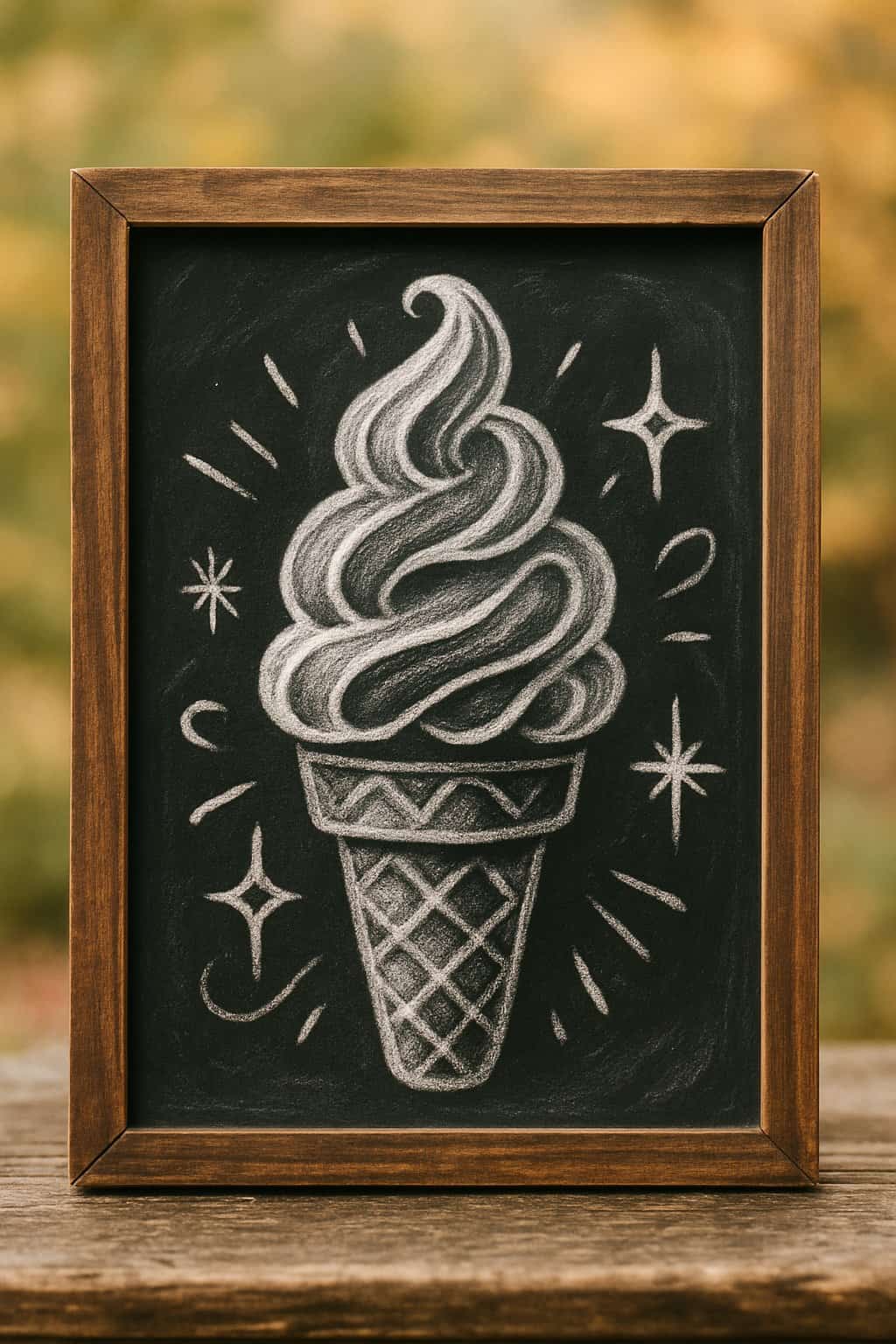 A chalkboard sign with a drawing of an ice cream cone surrounded by sparkles, framed in wood.