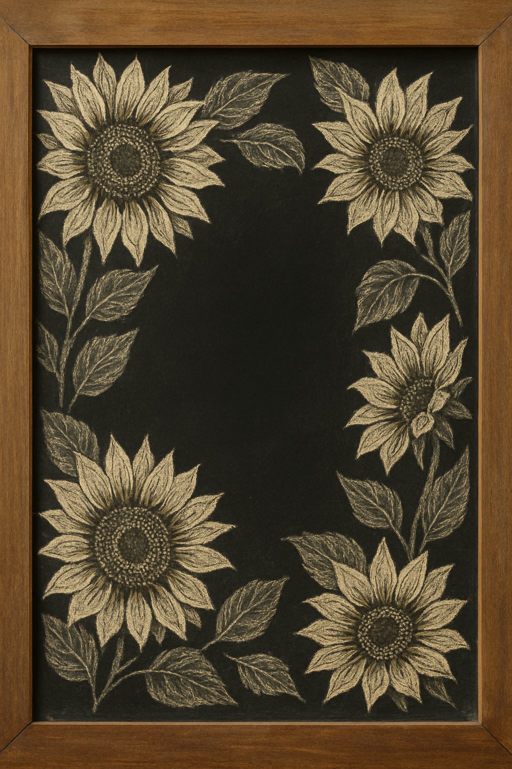 A wood framed chalkboard sign decorated with detailed chalk drawings of sunflowers around the edges and corners.
