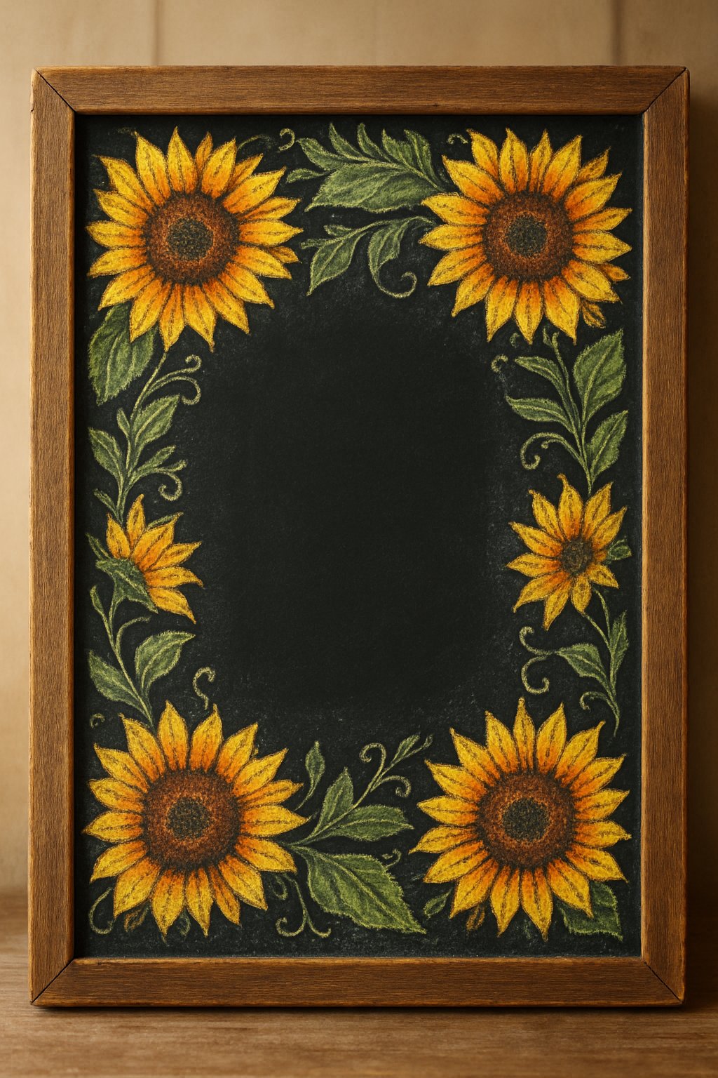 A wood framed chalkboard sign surrounded by a bold border of large sunflowers with detailed petals and leaves.