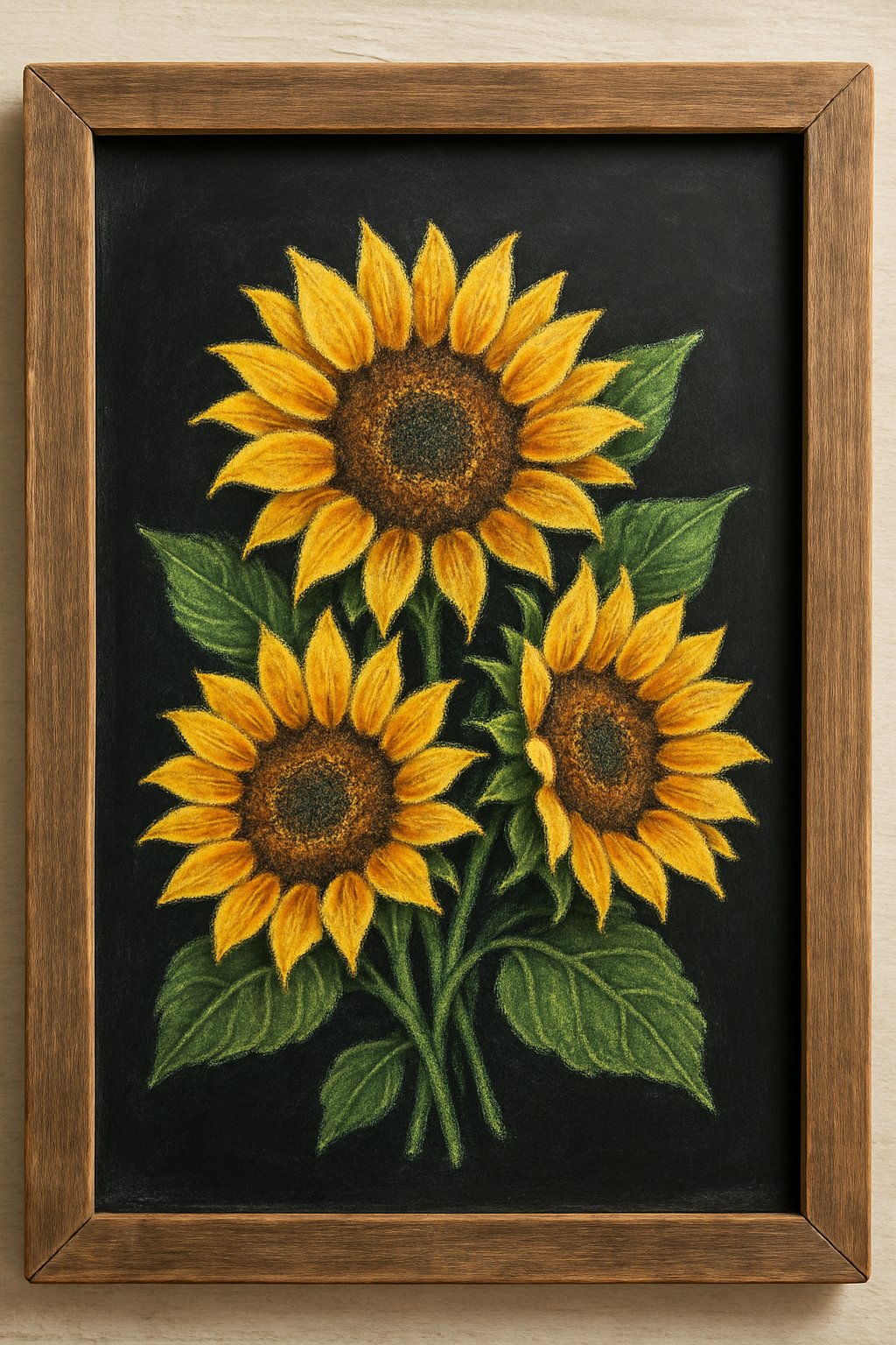 A chalkboard sign with a wood frame displaying a detailed bouquet of sunflowers drawn in chalk.