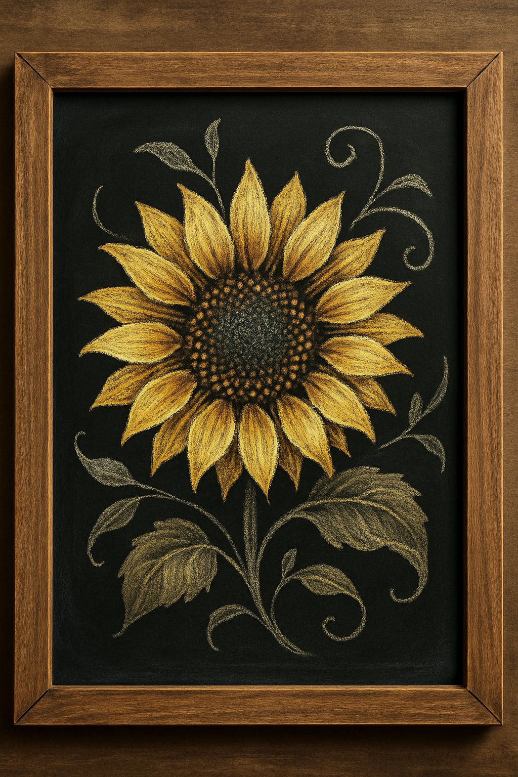A wood-framed chalkboard sign displaying a detailed chalk drawing of a sunflower with leafy tendrils curling around it.