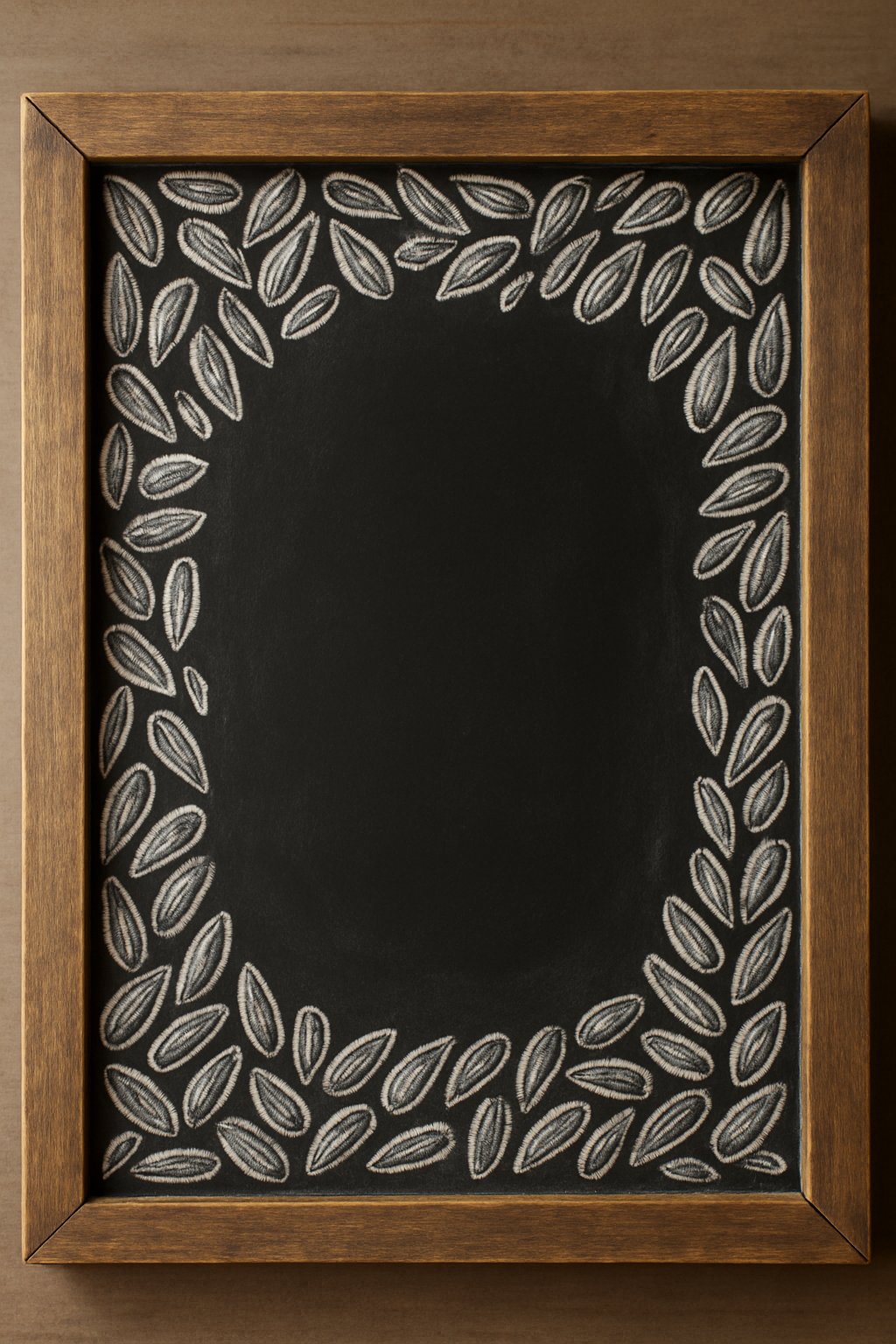 A wooden framed chalkboard with a detailed sunflower seed pattern around the edges.