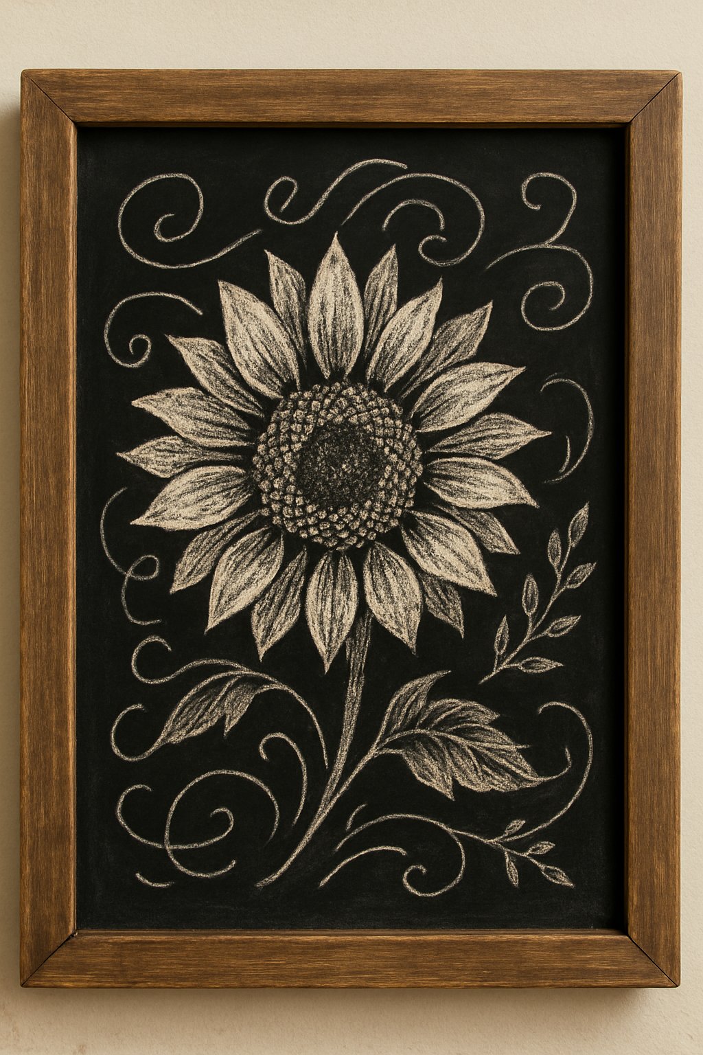 A chalkboard sign with a detailed sunflower drawing framed by a wooden border, lit by natural light.