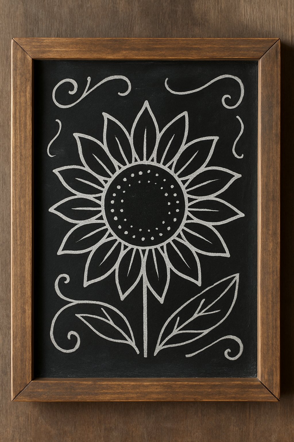 A wood framed chalkboard sign displaying a simple sunflower drawing with bold outlines on a black background.