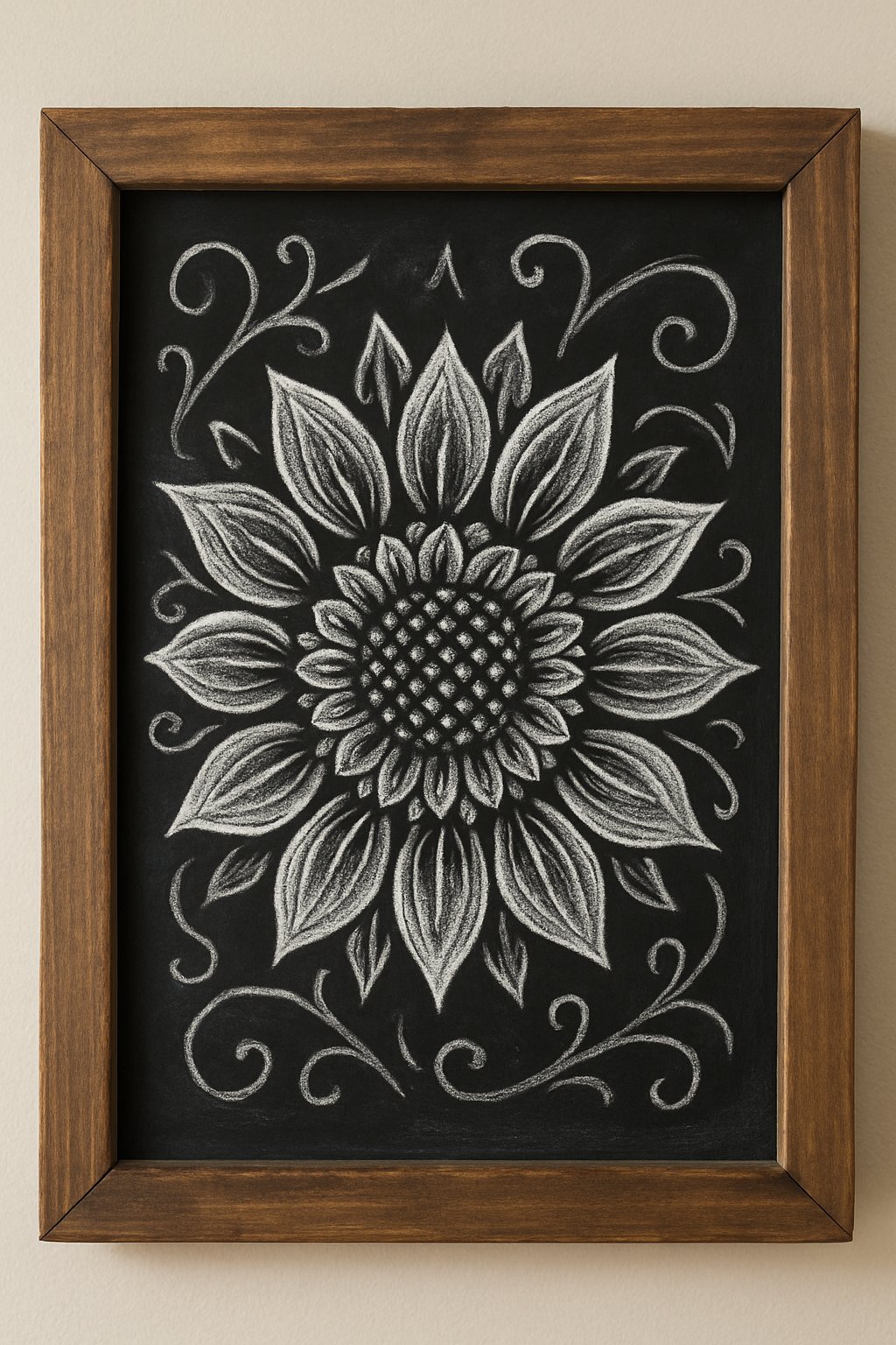 A wood framed chalkboard displaying a detailed sunflower mandala made of repetitive petal shapes.