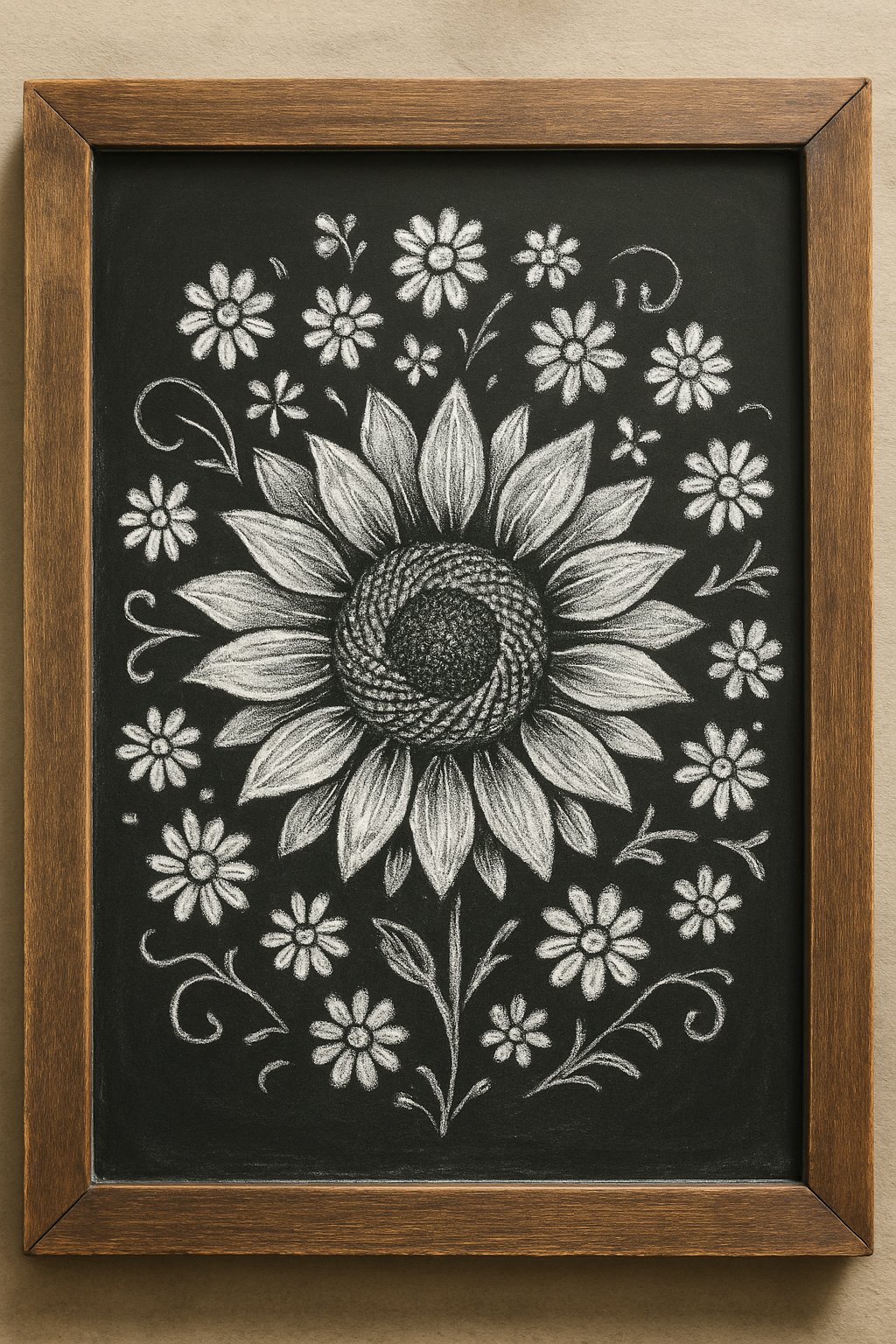 A wood-framed chalkboard sign displaying a large sunflower surrounded by many small daisies.