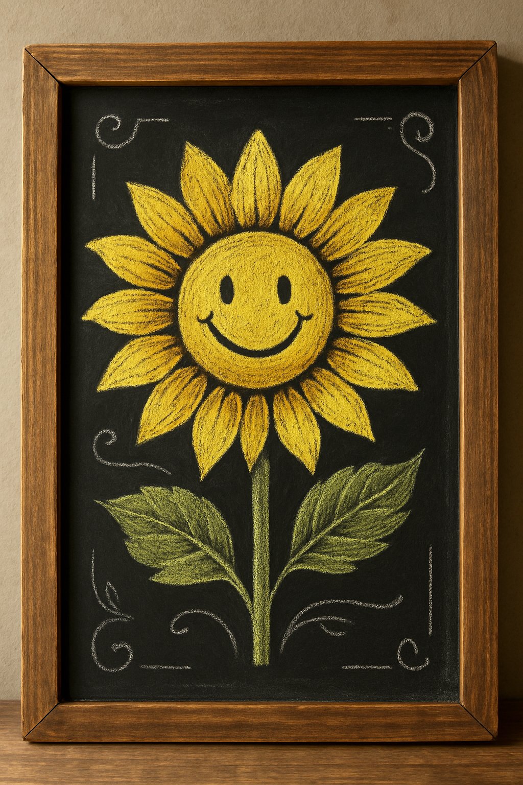 A chalkboard sign with a wooden frame featuring a large sunflower with a smiling face in the center.