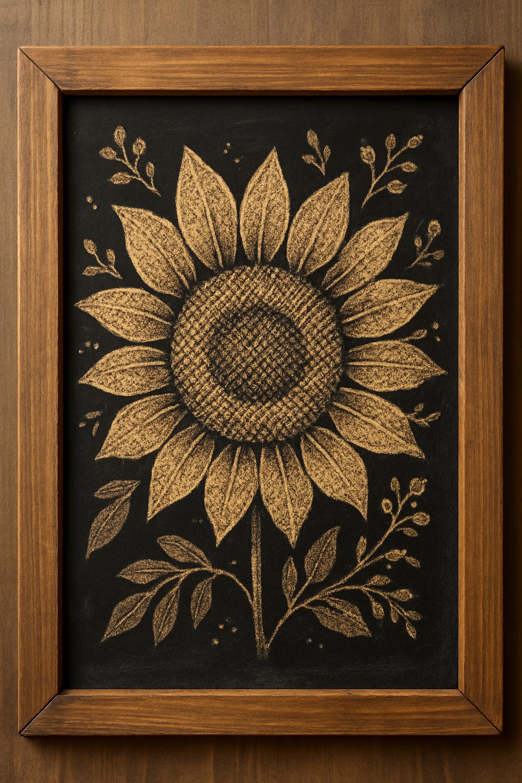 A wood framed chalkboard featuring a large sunflower illustration with leaves and floral accents on a dark background.