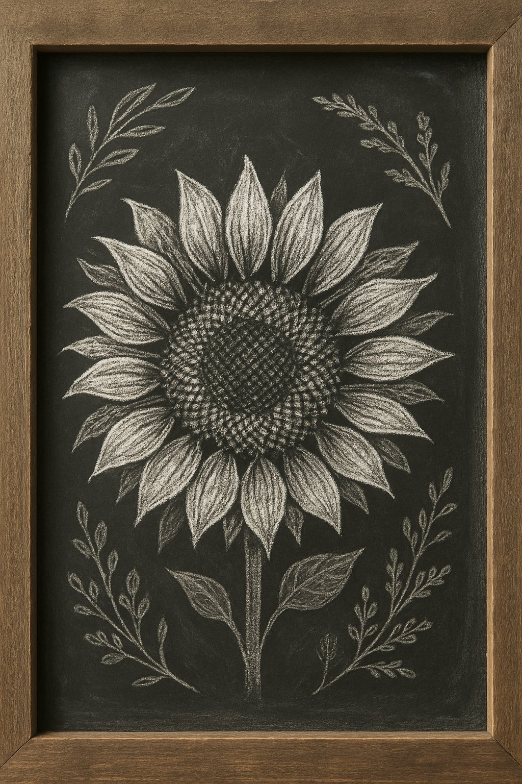 A chalkboard sign with a detailed sunflower sketch framed by rustic wood.