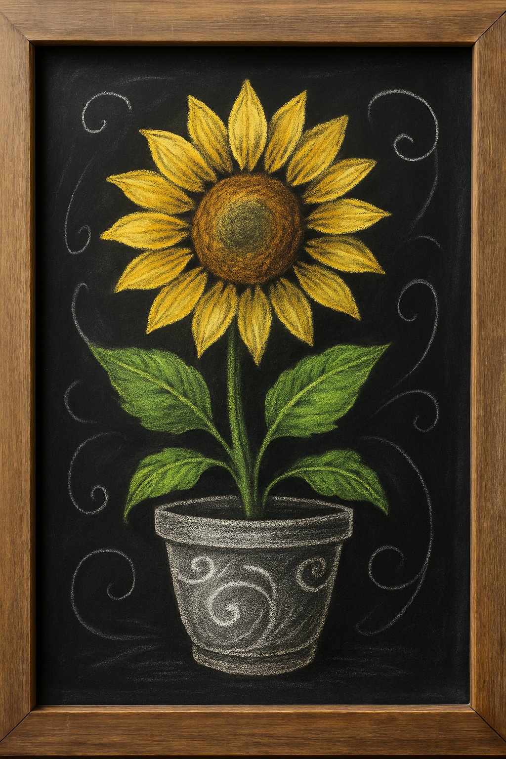 A chalkboard with a wood frame showing a drawing of a sunflower growing from a decorative pot.