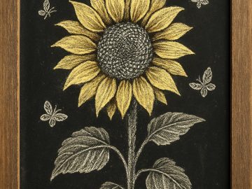 Chalk drawing of a large yellow sunflower with green leaves on a blackboard, surrounded by five flying butterflies, all framed in a wooden frame.