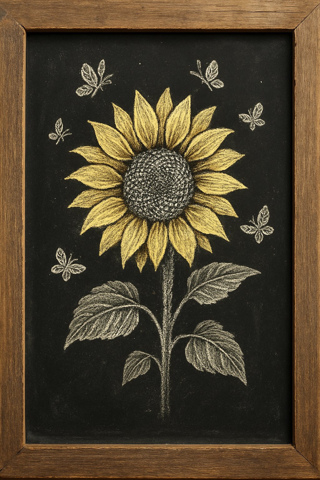 A chalkboard sign with a wood frame showing a large sunflower surrounded by small butterflies.