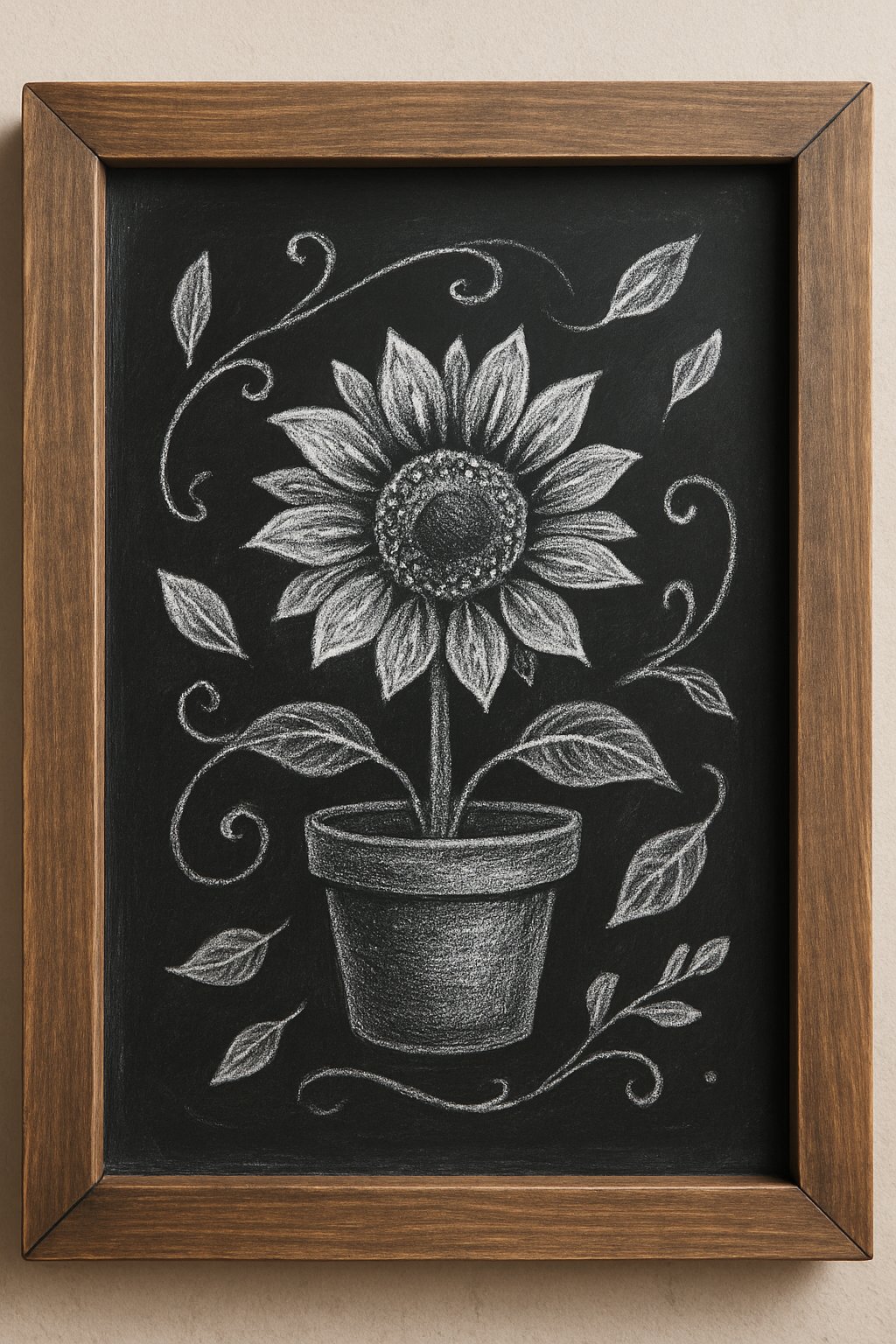 A wood framed chalkboard sign with a chalk drawing of a sunflower in a flowerpot surrounded by leaves and petals.
