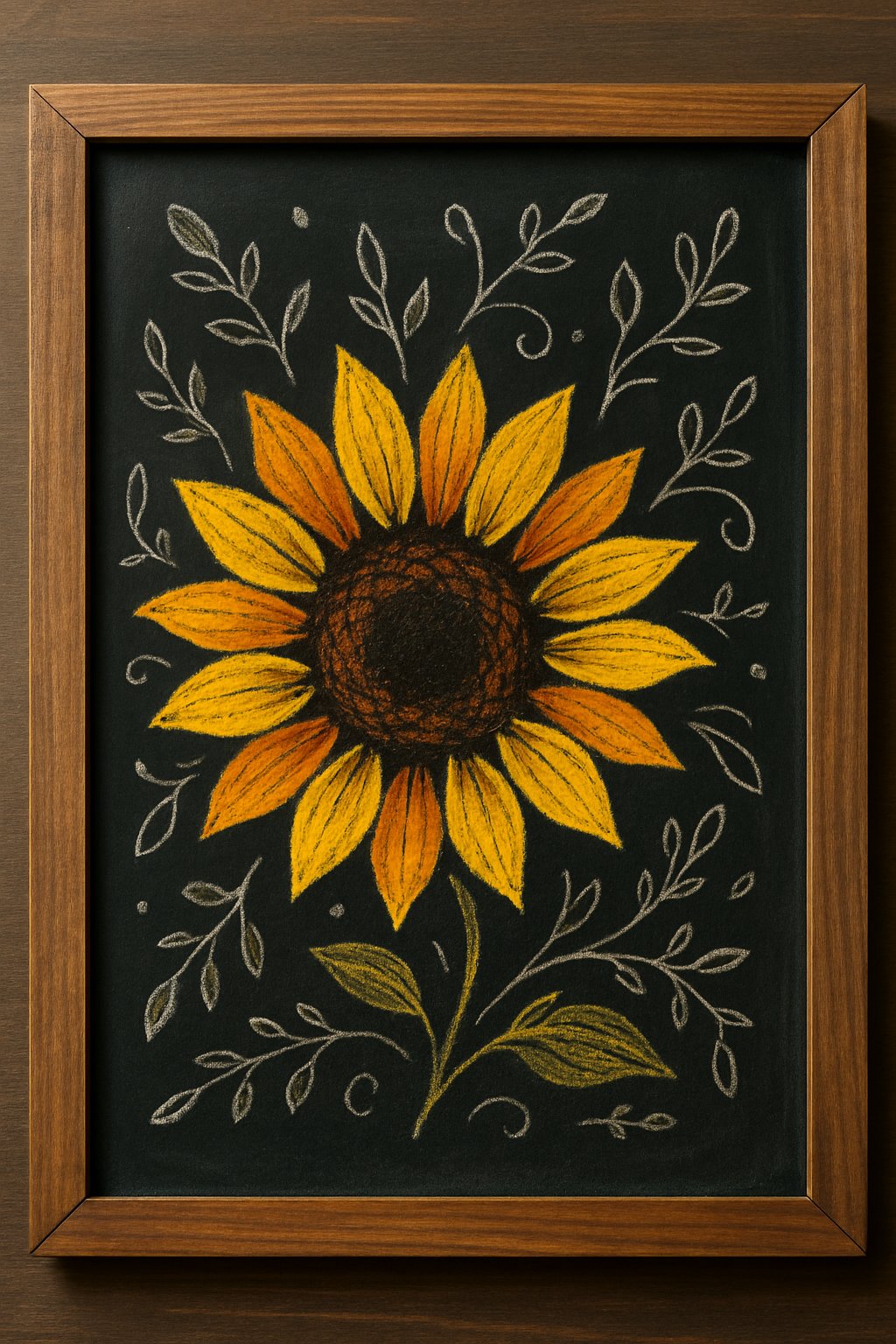 A wood framed chalkboard sign displaying a large two-tone sunflower with yellow and orange petals surrounded by small leaves and vines.