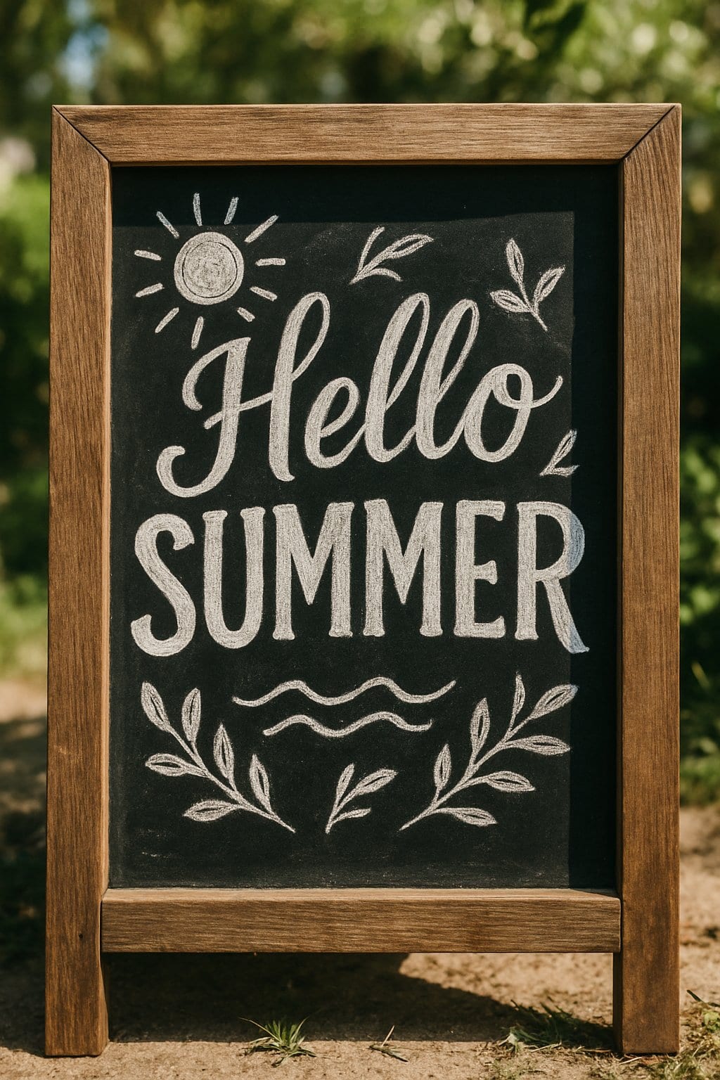 A wooden framed chalkboard sign outdoors featuring artistic hand-drawn summer-themed lettering and simple decorative elements.