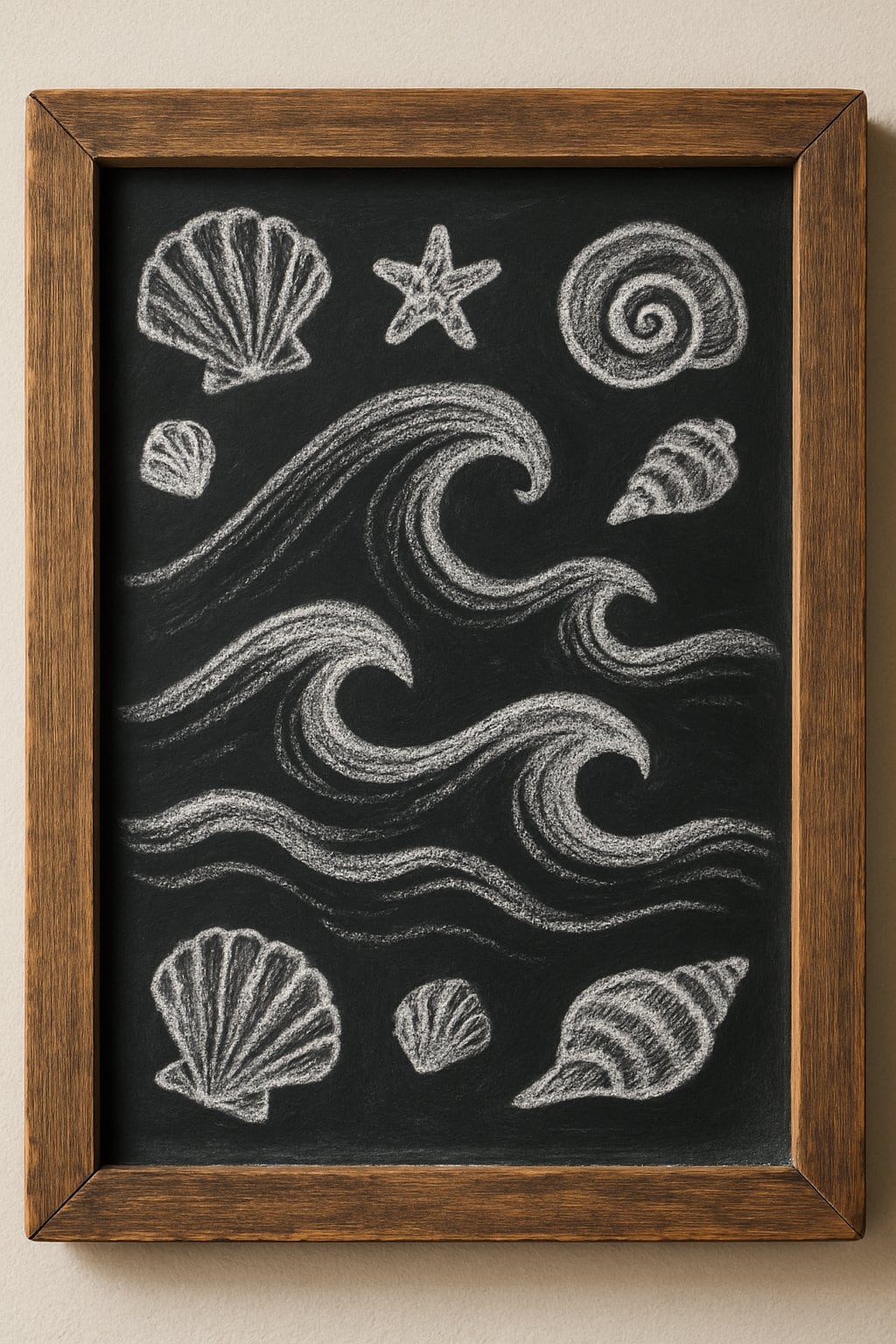 A wood framed chalkboard with drawings of beach waves and seashells arranged in a clear and balanced design.