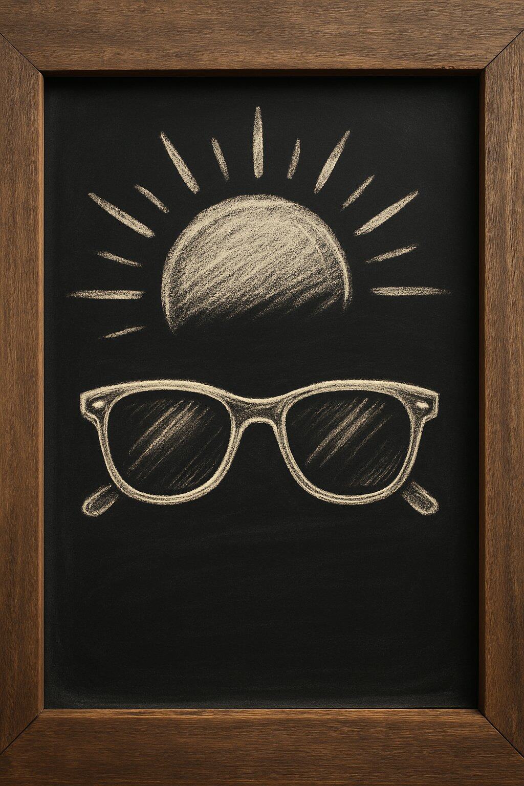 A wooden framed chalkboard with a drawing of a sun and sunglasses.
