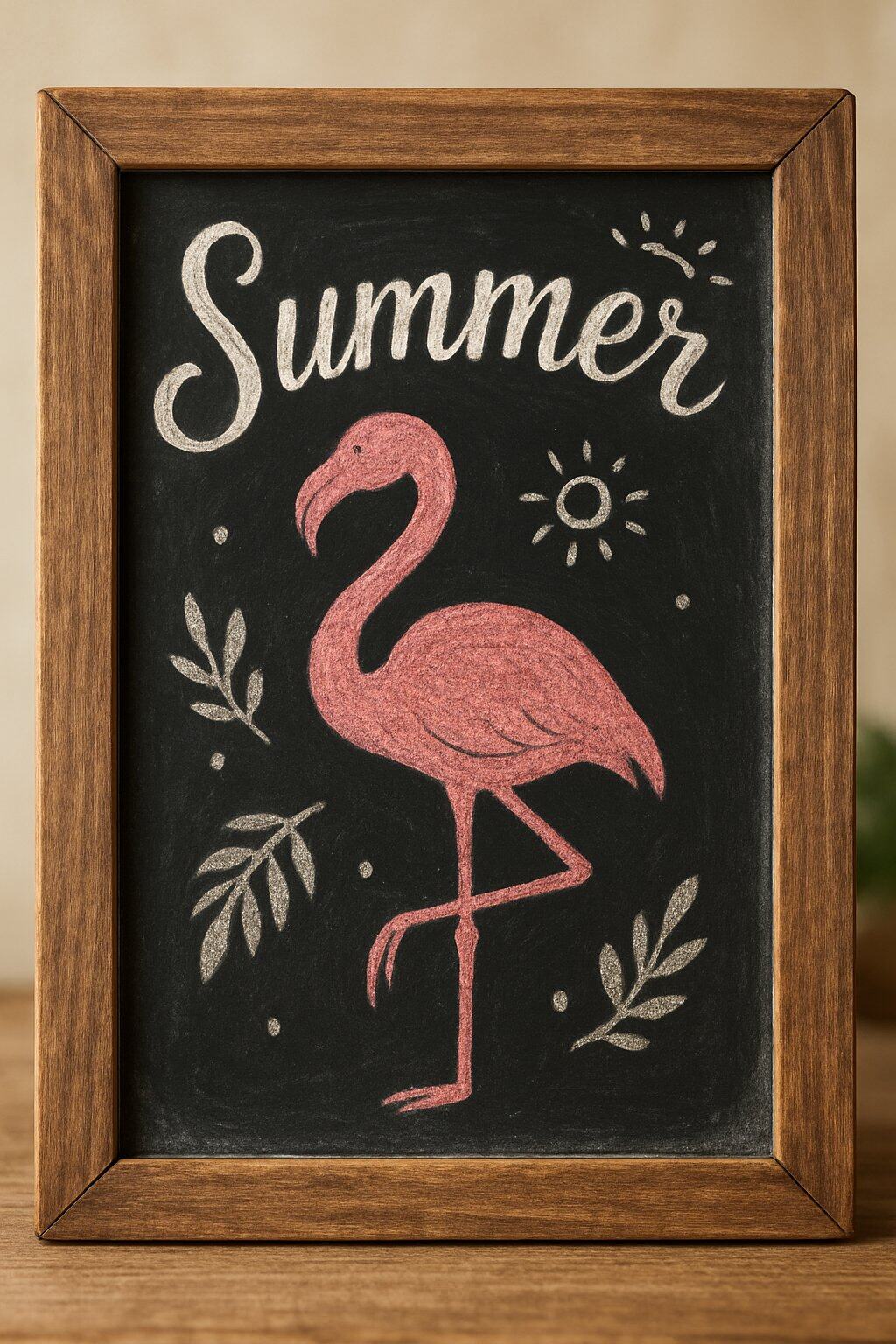 A wooden framed chalkboard featuring a cute flamingo silhouette with tropical leaf and sun accents.