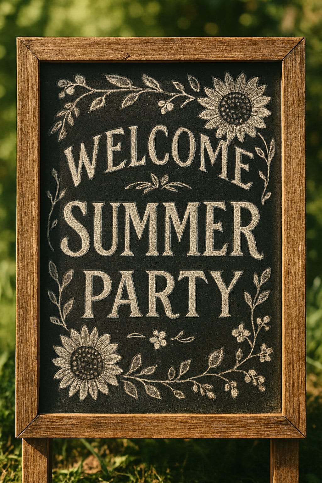 A wooden framed chalkboard sign outdoors with artistic white chalk drawings of summer flowers and leaves, bathed in natural sunlight.
