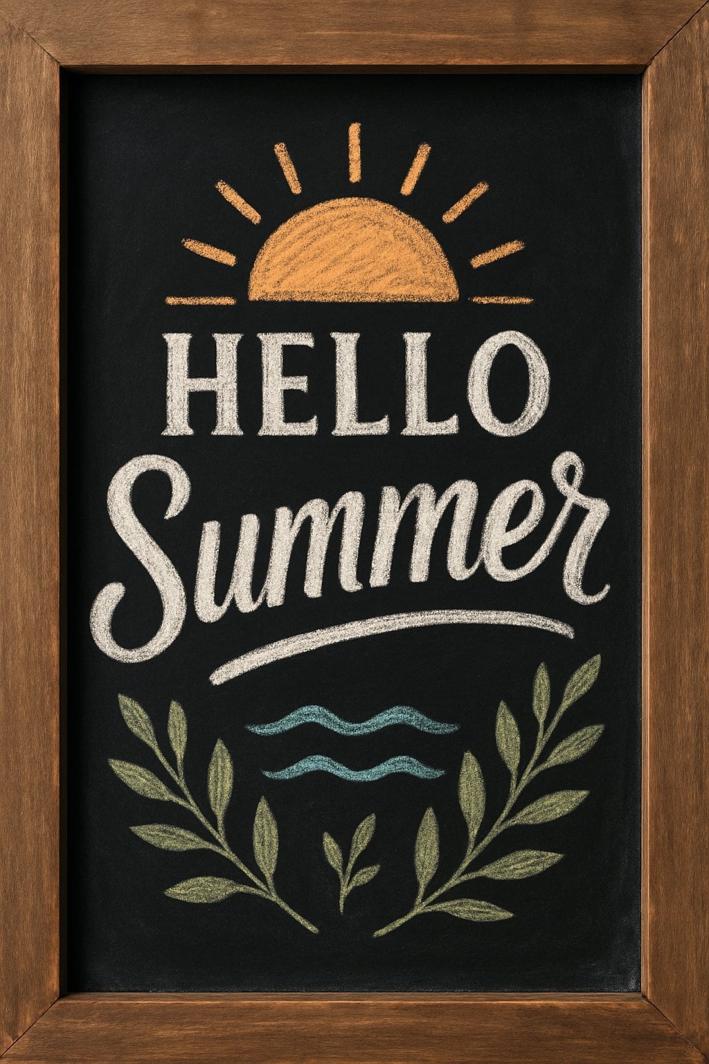 A wood-framed chalkboard sign with artistic summer-themed illustrations of sun silhouettes, leaves, and waves on a dark background.