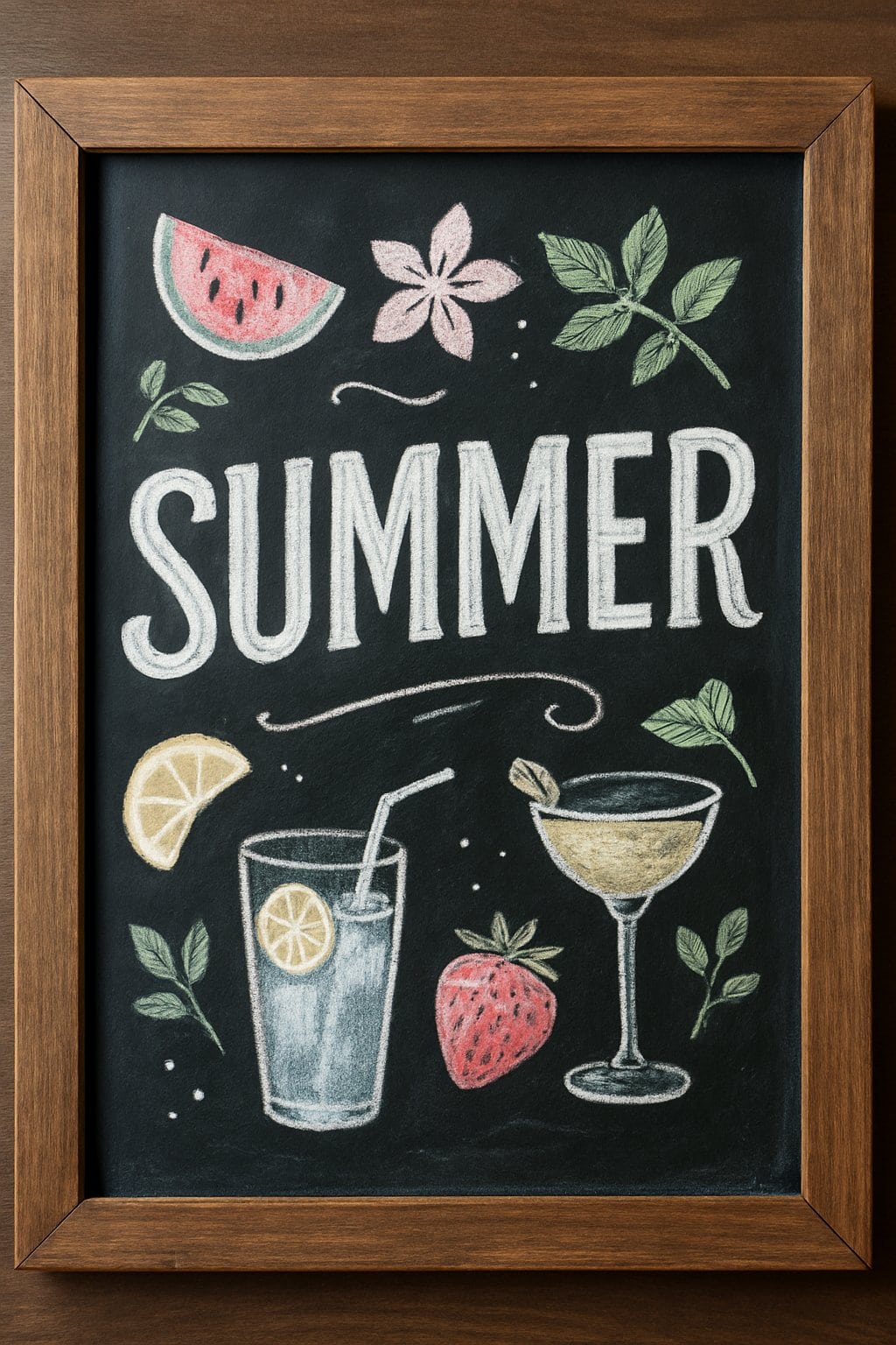A rustic wood-framed chalkboard sign decorated with summer-themed illustrations of fruits and cocktail glasses.
