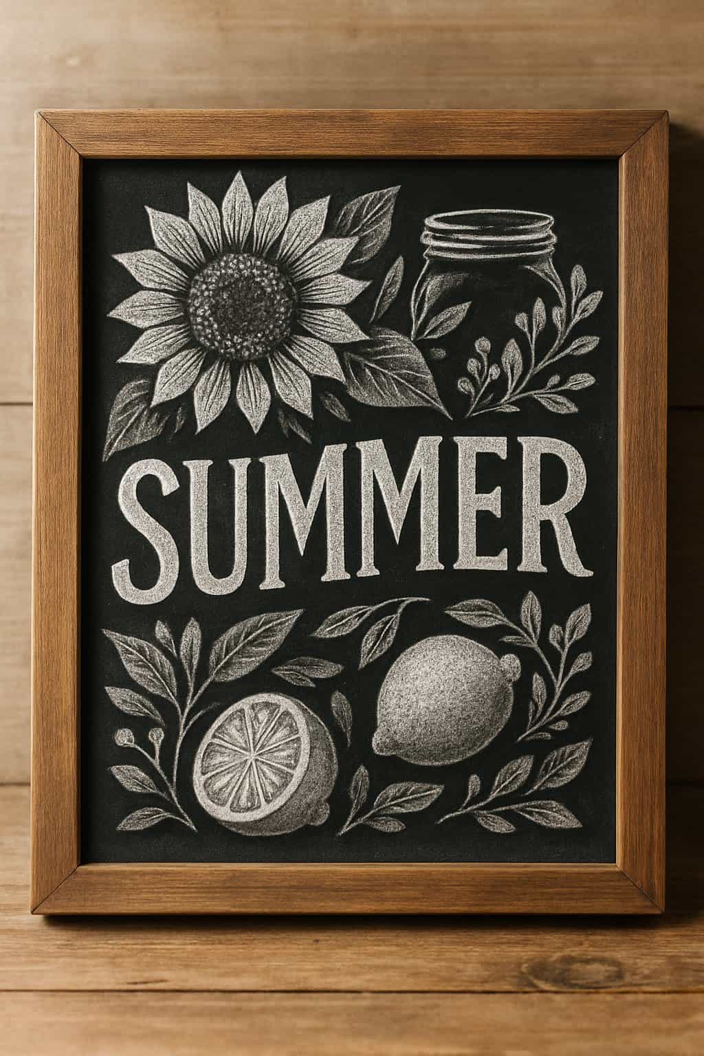 A wood-framed chalkboard sign with decorative summer-themed artwork including mason jars, flowers, and lemons on a rustic wooden surface.