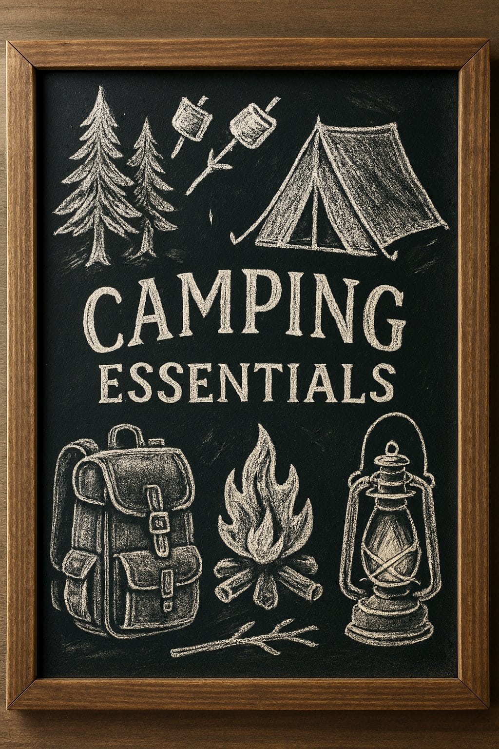 A wood framed chalkboard sign displaying drawings of camping items like a tent, campfire, backpack, and pine trees.