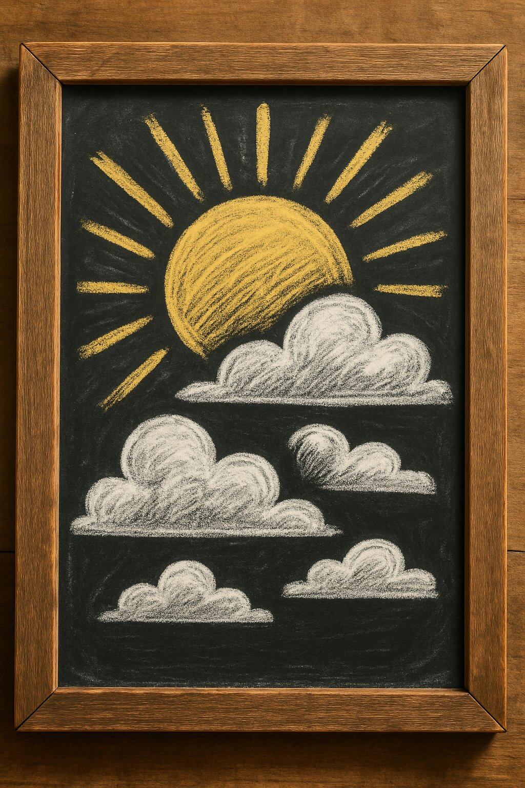 A wood-framed chalkboard displaying artistic sun and cloud illustrations representing a seasonal forecast.