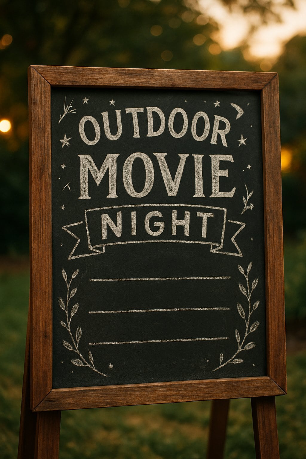 A wood-framed chalkboard sign outdoors with artistic white chalk designs and summer-themed illustrations, set against a garden background.