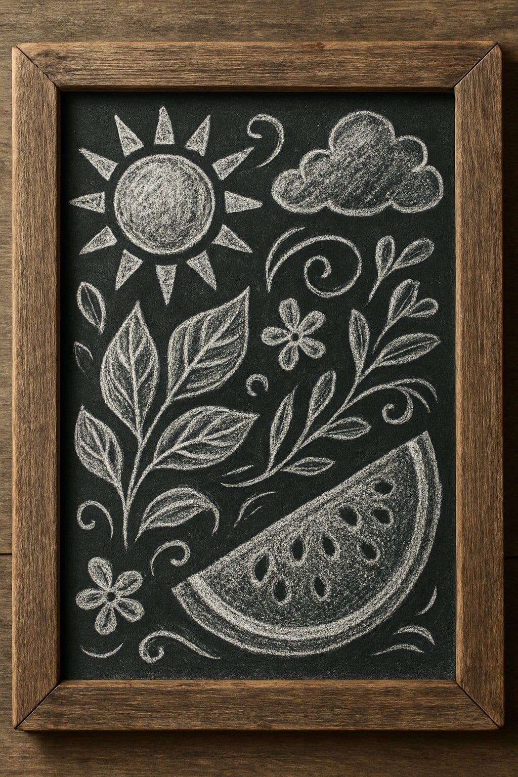 A rustic wood framed chalkboard with artistic chalk drawings of summer-themed elements like sun and leaves.