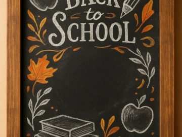 A framed chalkboard with "Back to School" written in large letters, surrounded by drawings of apples, books, a pencil, and autumn leaves in white, orange, and yellow chalk.
