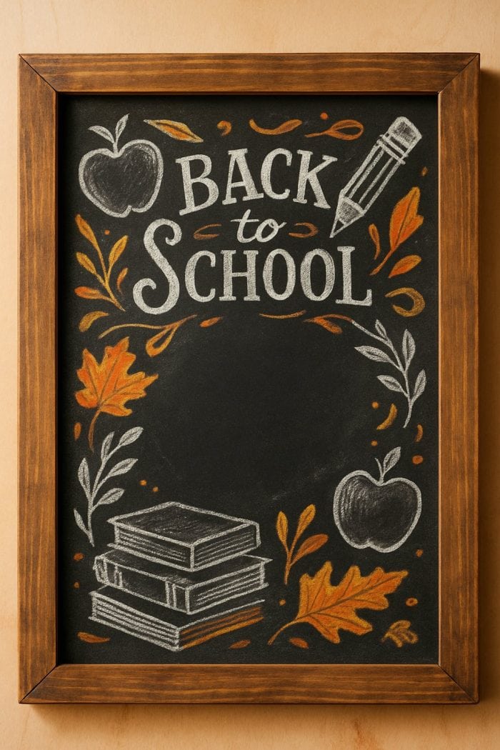 A framed chalkboard with "Back to School" written in large letters, surrounded by drawings of apples, books, a pencil, and autumn leaves in white, orange, and yellow chalk.