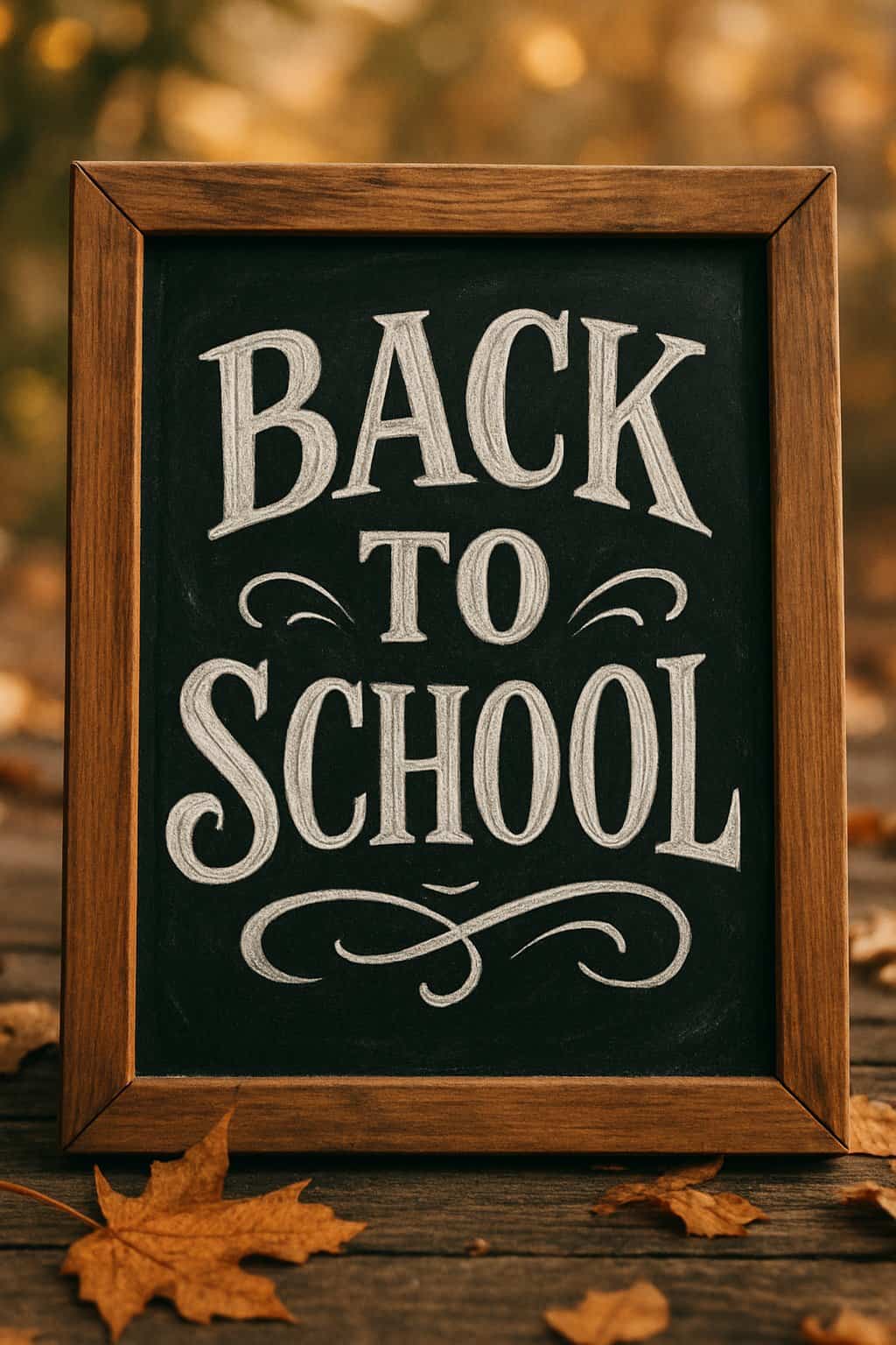 A wood framed chalkboard sign with artistic lettering and fall-themed decorations around it.