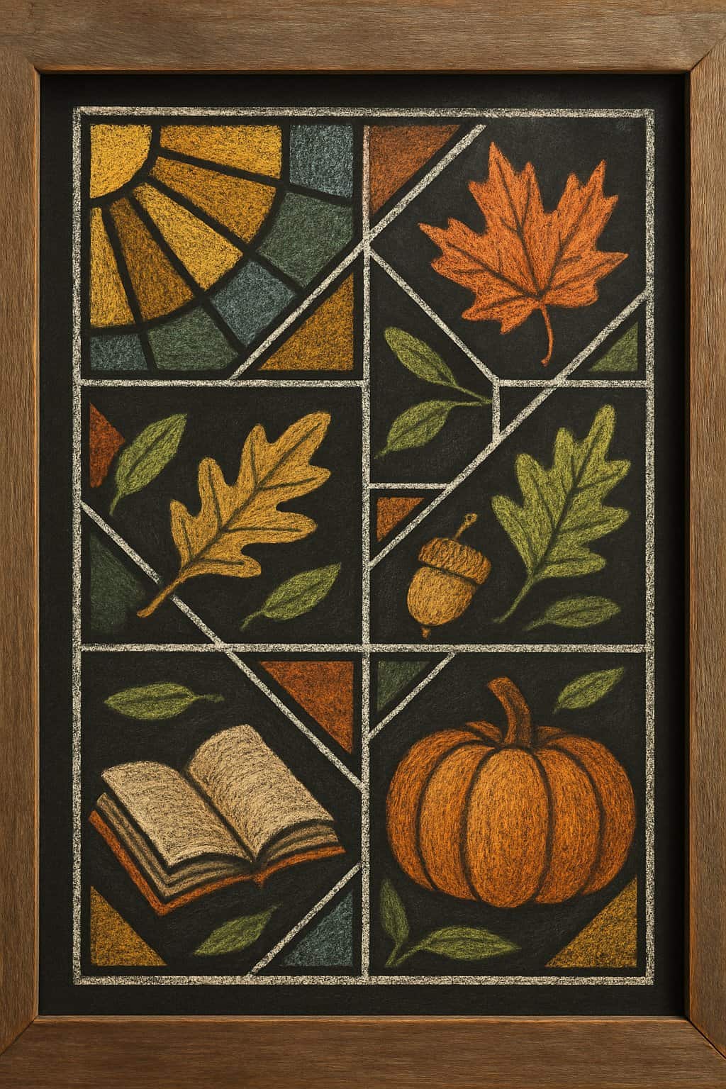 A wooden framed chalkboard displaying colorful geometric stained glass patterns with natural light highlighting the textured surface.