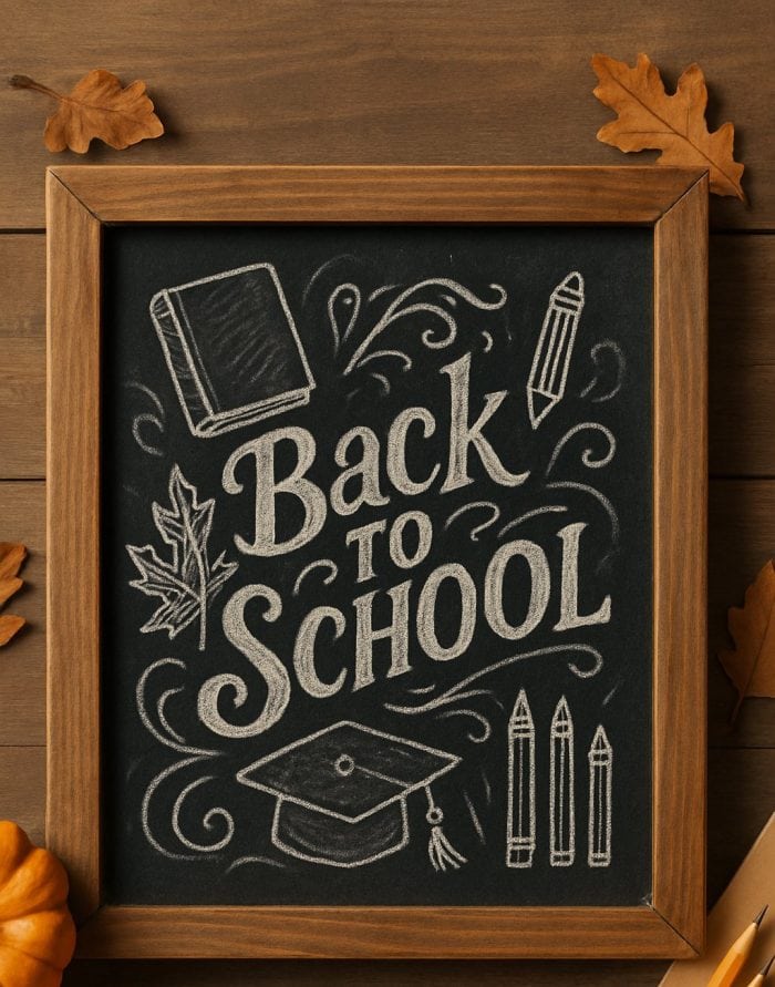 A chalkboard framed with wood reads "Back to School" in decorative letters, with drawings of a book, pencil, crayons, leaf, and graduation cap. Autumn leaves, pumpkins, and notebooks surround the board.