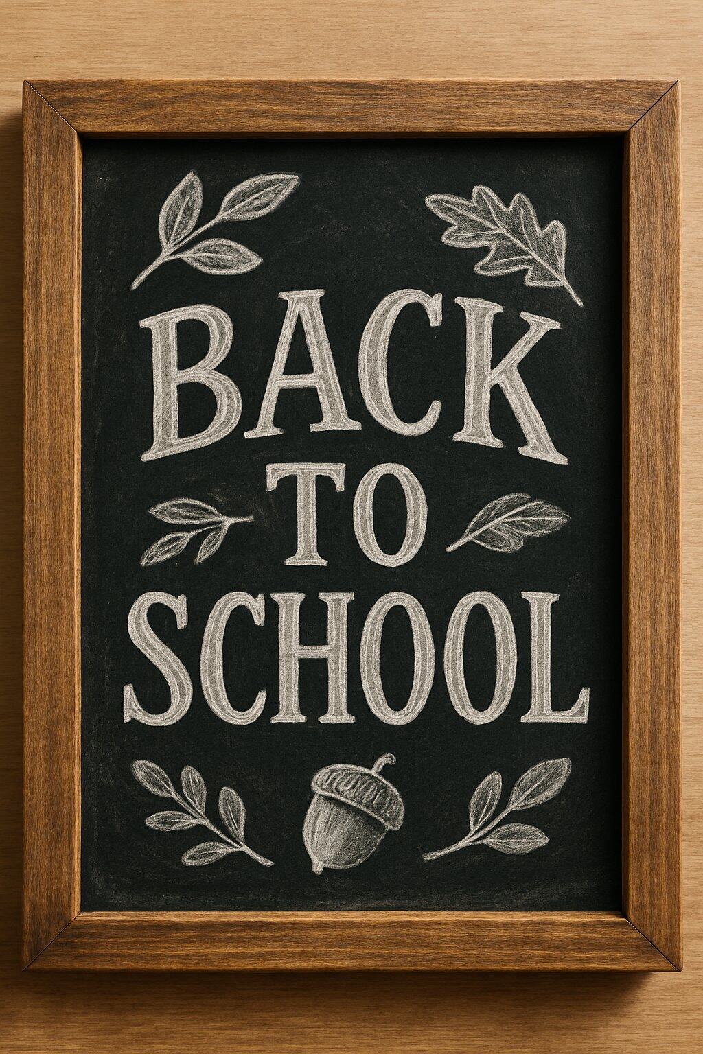 A wood framed chalkboard on a table surrounded by autumn leaves and school supplies.