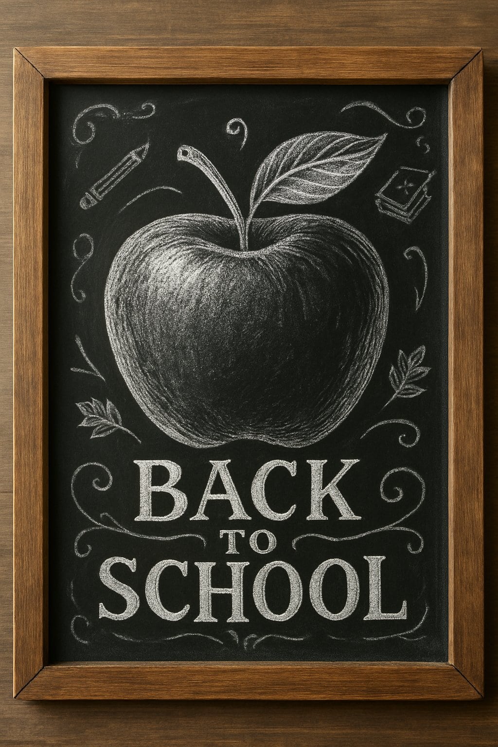 A wood framed chalkboard sign with a large chalk drawing of an apple and decorative seasonal accents on a dark background.