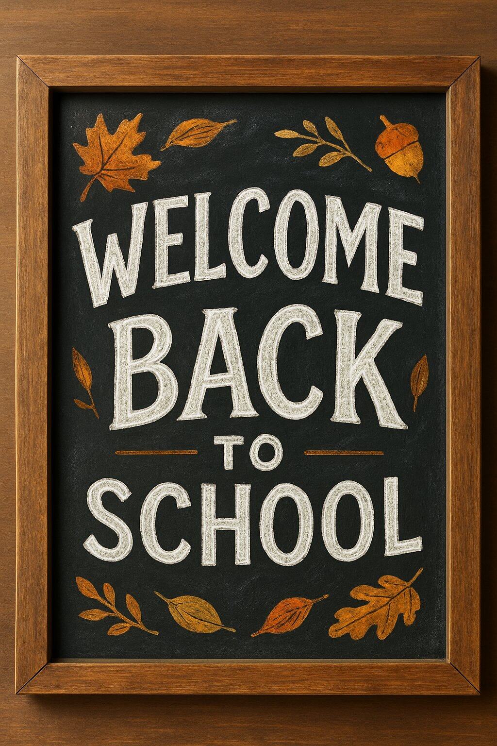 A wooden framed chalkboard with artistic chalk designs and autumn leaves around it, displayed in natural light.
